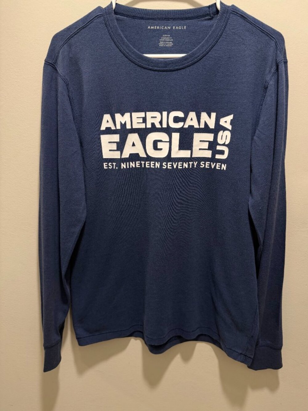 American Eagle Men's Long Sleeve Shirt Navy Blue Graphic Logo EST 1977 Size S